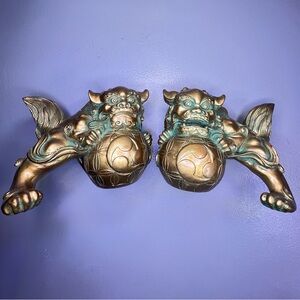 Vintage Brass Foo Dog Statues Pair Chinese Guardian Lions Gold & Green Feng Shui